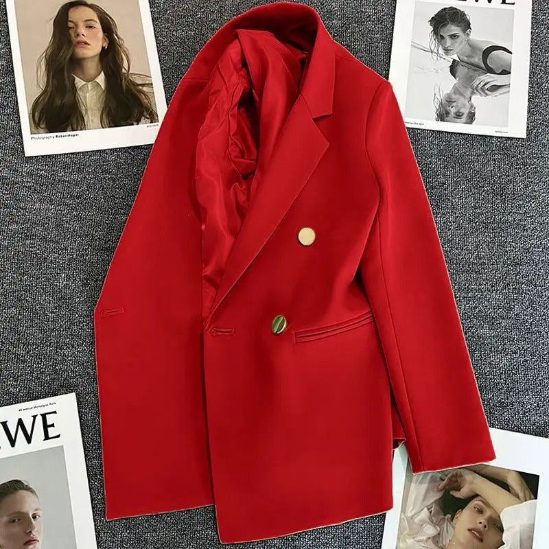 Solid Casual Coat Metal Buckle Small Suit Jacket Women Clothing Summer Double Breasted Office Lady Elegant Blazers Thin Autumn