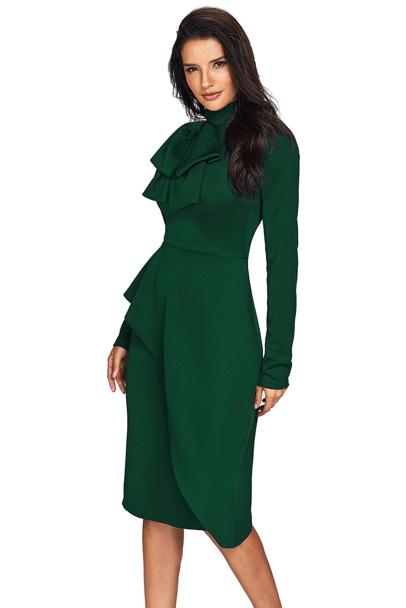 Jade Green Asymmetric Peplum Style Pussy Bow Dress