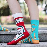 1 Pair Unisex Funny AB Style Tomato Ketchup French Fry Printed Mid-Calf Socks Suit In All Seasons