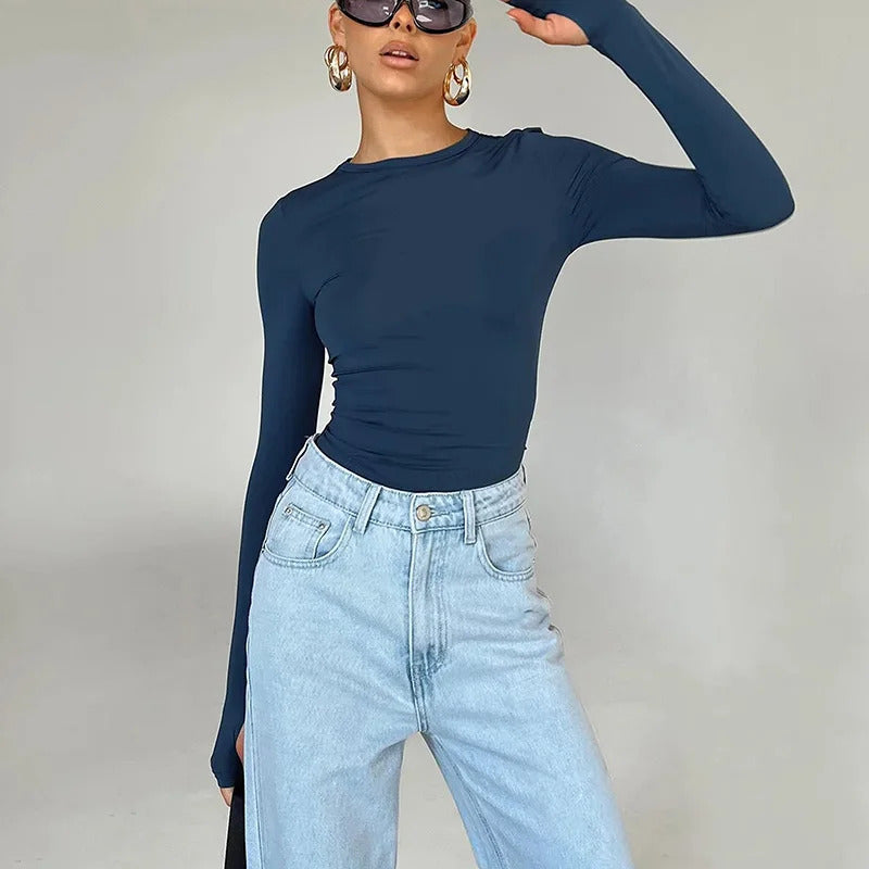 Fashion Women T-shirt Long Sleeve Crew Neck Solid Slim Fit Ladies Crop Top with Thumb Holes for Daily Streetwear Summer Camis