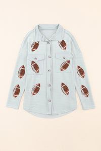 Black Sequined Rugby Flap Pockets Buttoned Shacket