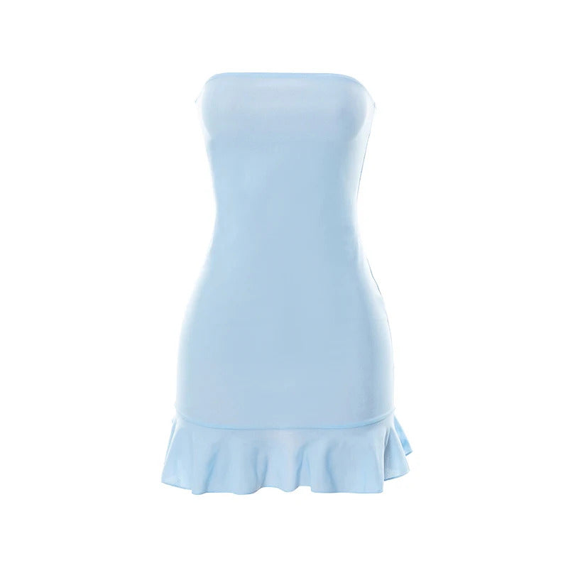 CUTENOVA Women Soft  Tender Slight Blue Strapless Wrap Hipster Mini Pleated Dress Pullover Sexy Charm Outfits Girls Dating Wear