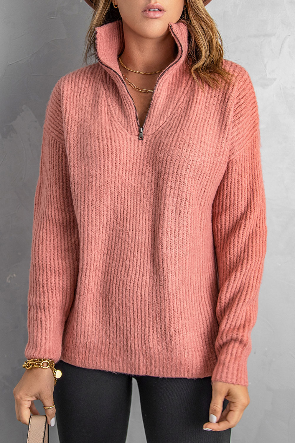 Pink Zip Neck Knitted Sweater