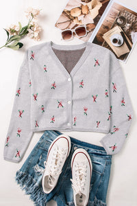 Gray Floral Cropped Sweater Cardigan