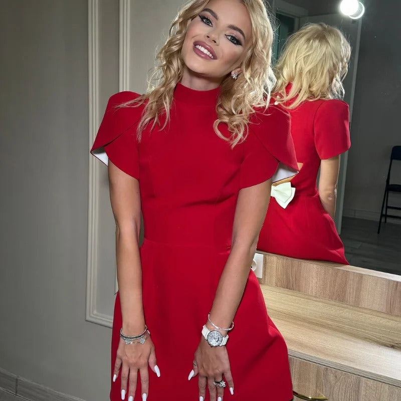 Elegant Women Luxury Formal Hollow Red O-neck Mini Dress Fashion Bow Pad Shoulder Evening Vestidos Ladies Street Party Vestidos