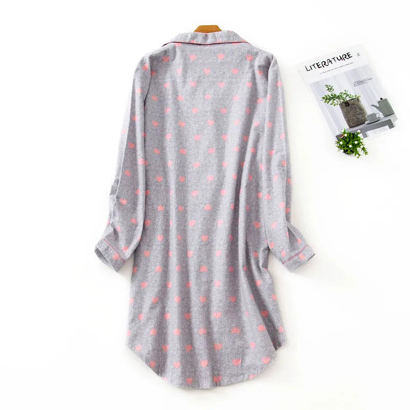 Flannel Cotton Home Nightdress Cardigan Shirt Night Dress Cute Cartoon Plaid Design Sleepwear Fashion Sleeping Shirt Woman