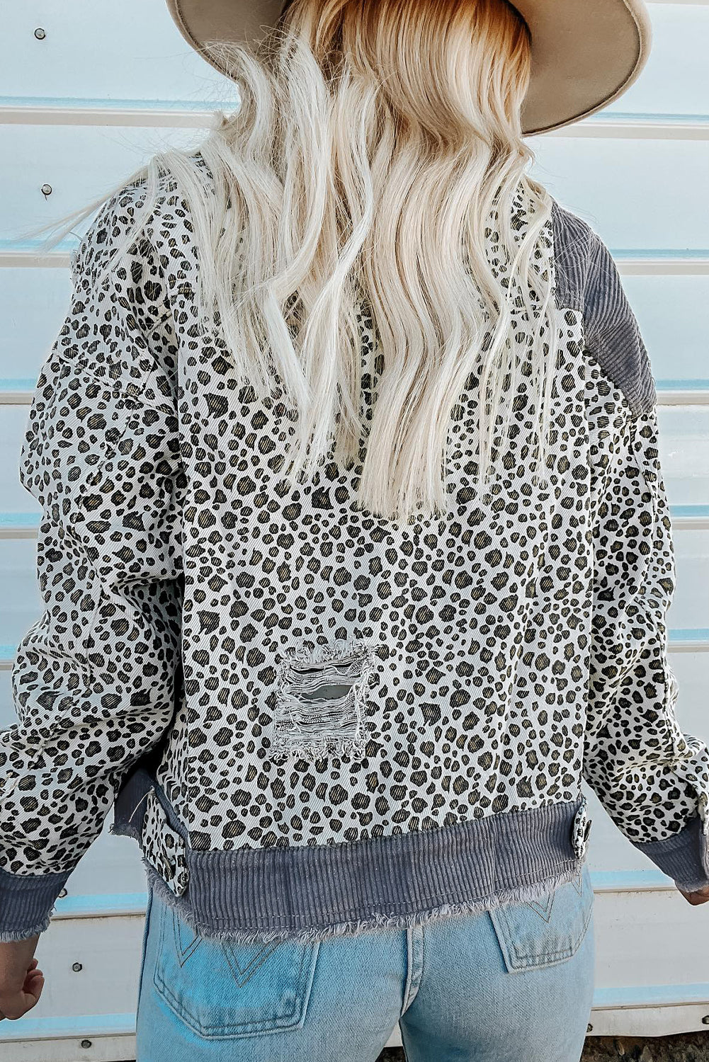 Gray Leopard Patchwork Corduroy Ripped Hem Button up Jacket