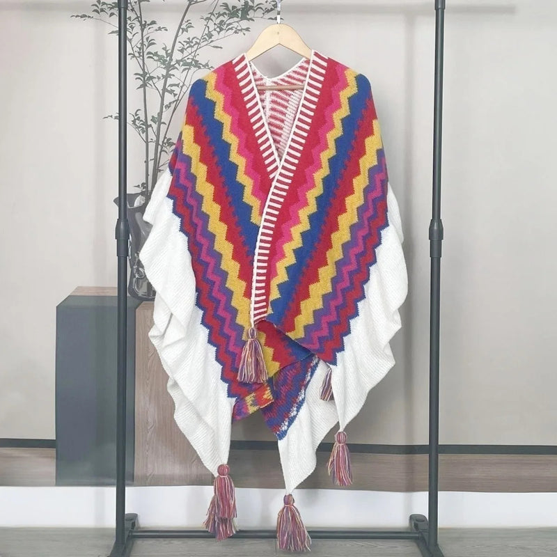 Women Ethnic Style Poncho Capes Ladies Fashion Stripe Colorful Knit Oversized Poncho Wrap Fringed Shawl Bohemian