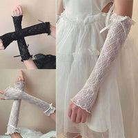 Lace Ruffle Lolita Lace Gloves Bowknot Strapping Black White Y2k Fingerless Mittens Mesh Japanese Mittens Cosplay Accessories