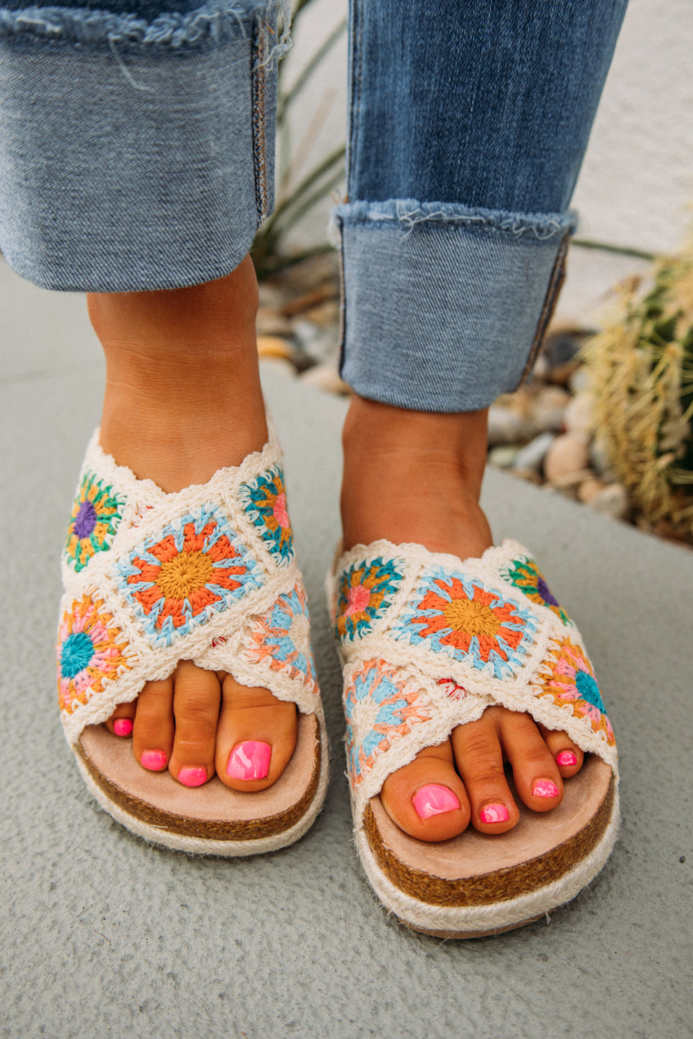 Beige Crochet Criss Cross Platform Slippers