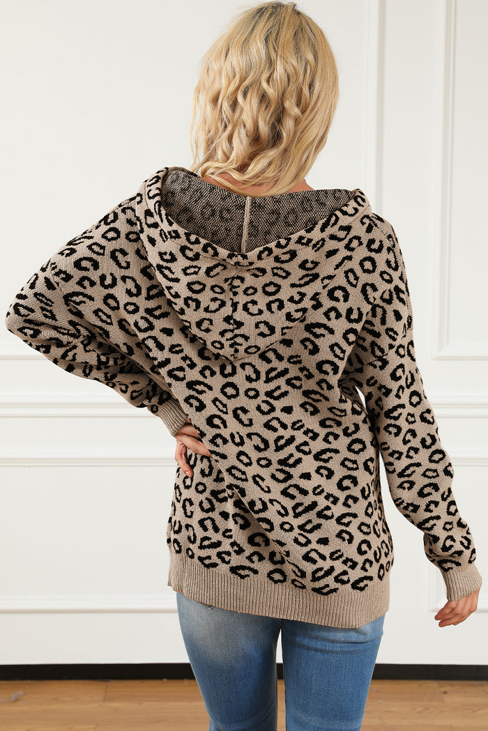 Khaki Leopard Knitted Drawstring Hooded Sweater