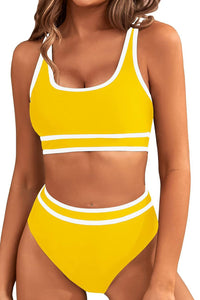 Yellow Contrast Trimmed U Neck High Waist Bikini