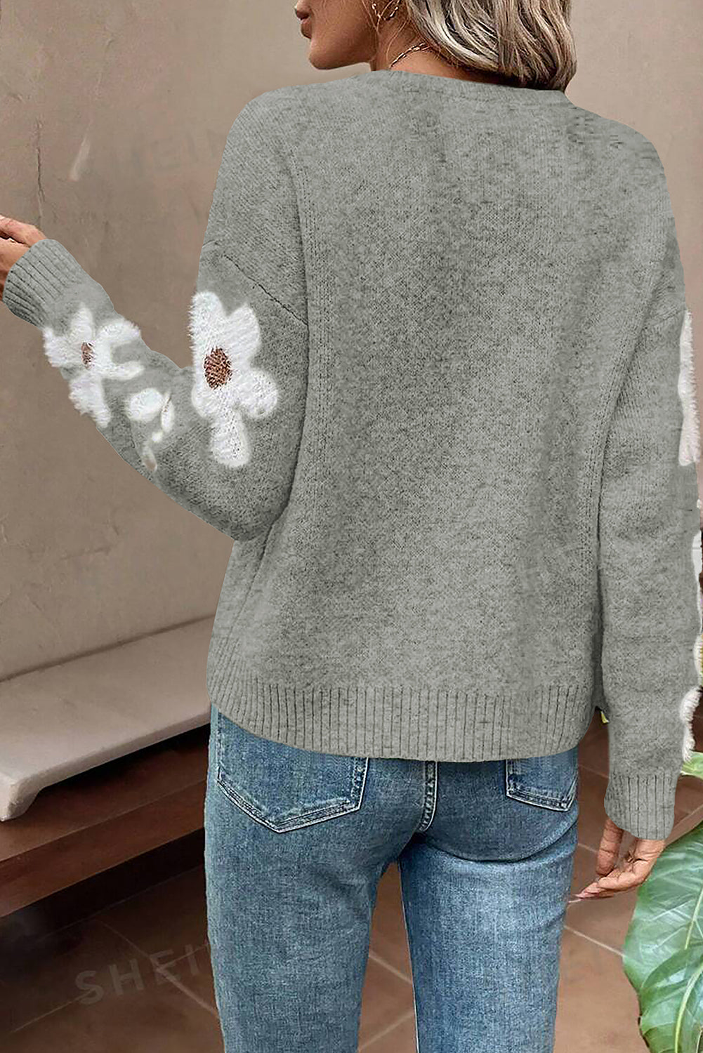 Light Grey Flower Sleeve Drop Shoulder Sweater