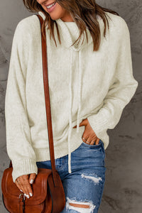 Apricot Drawstring Cowl Neck Ribbed Trim Sweater