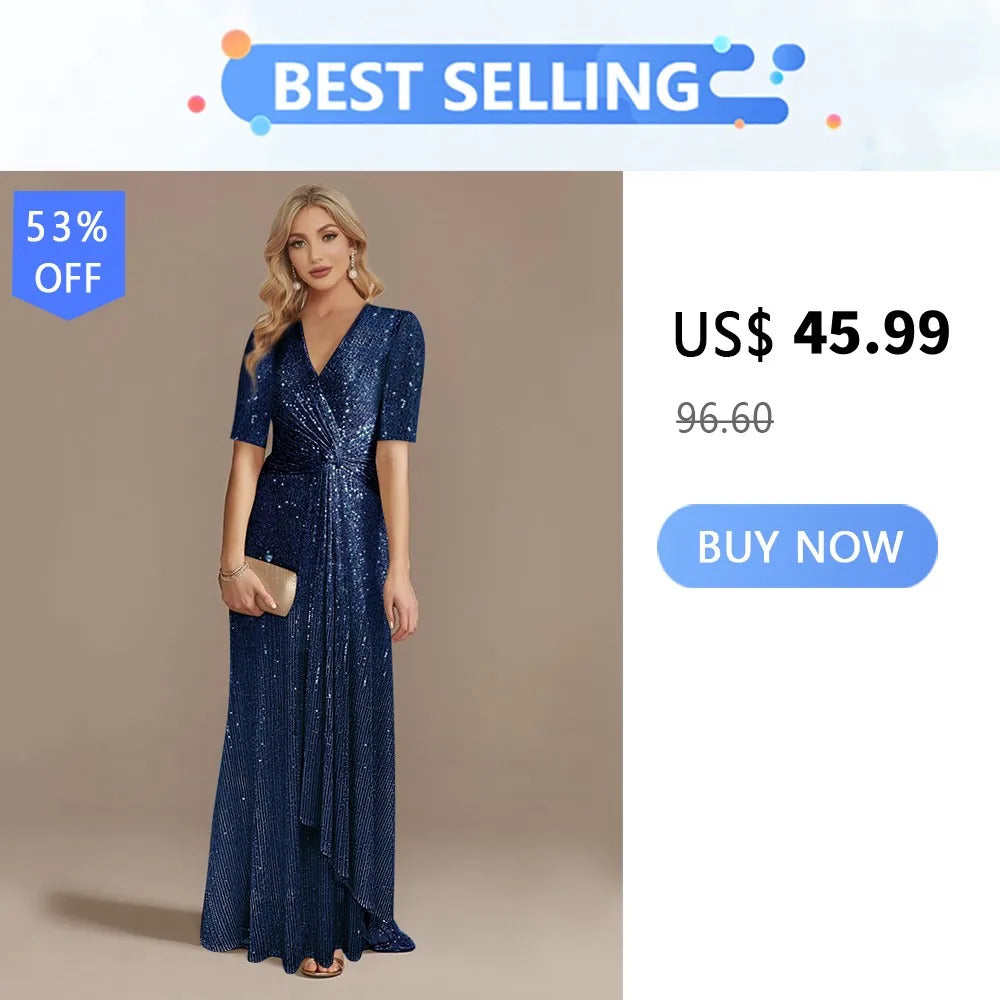 Lucyinlove Luxury Floor Length V-Neck Evening Dress Elegant Slit Party Women 2024 Wedding Sequins For Formal Prom Cocktail Dress