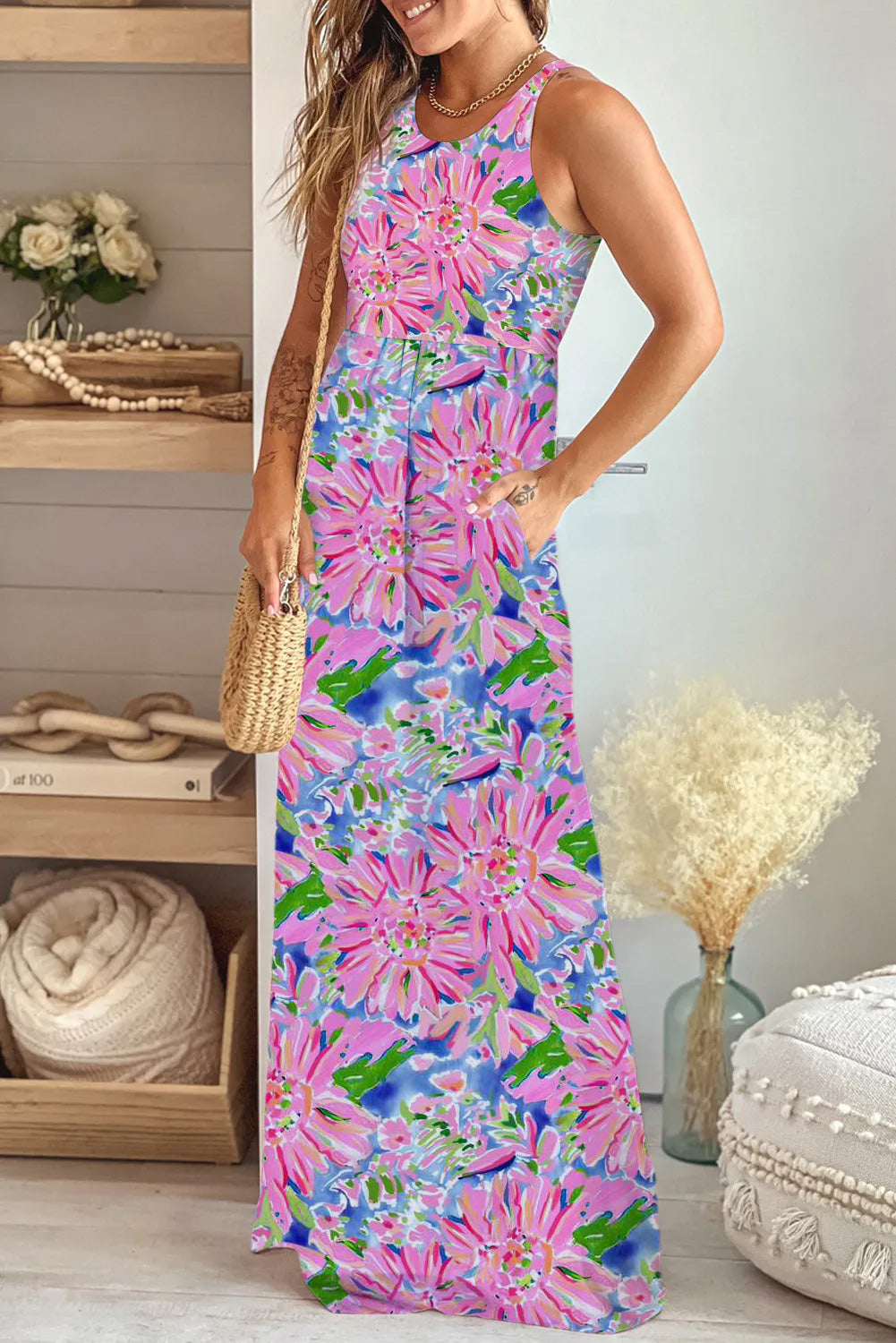 Women's Sleeveless High Waist Pocketed Floral Maxi Dress