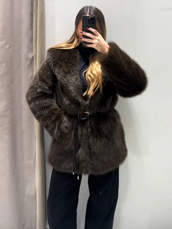 Vintage Luxury Faux Fur Women Coats Fashion Belt Lapel Full Sleeve Female Jacket 2024 Winter Street Loose Thicken Lady Outwears