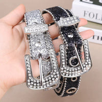 Y2K Women Fashion Solid Print Studded Full Rhinestone Belt PU Leather Bling Crystal Adjustable Glitter Waistband for Club Party