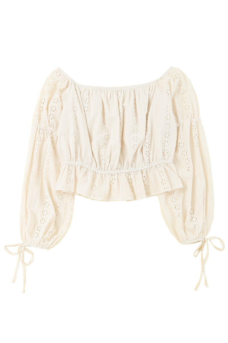 Apricot Off The Shoulder Eyelet Crop Top