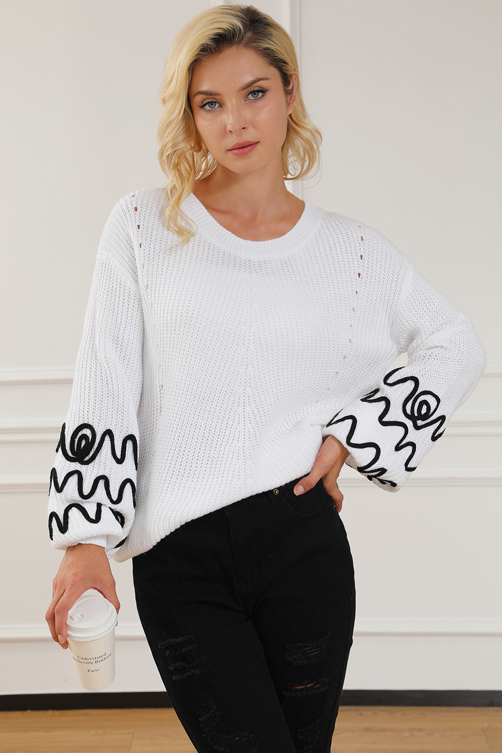 White Abstract Crochet Bubble Sleeve Loose Sweater