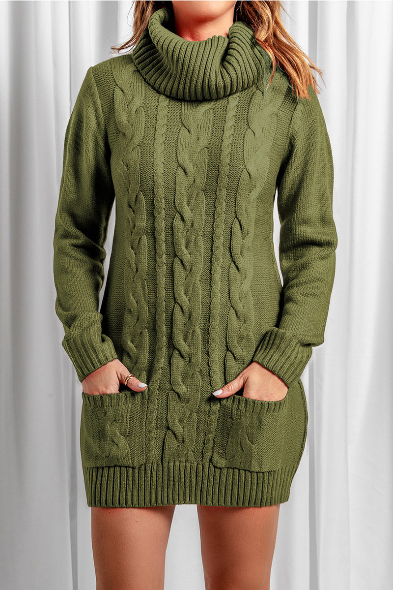 Olive Cowl Neck Cable Knit Sweater Dress