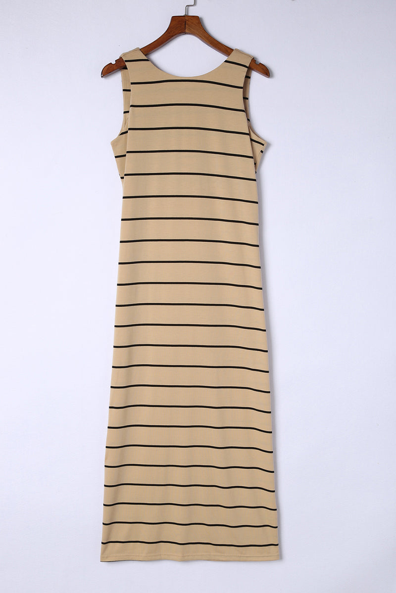 Women's Stripe Print Open Back Sleeveless Tank Maxi Dress with Slits