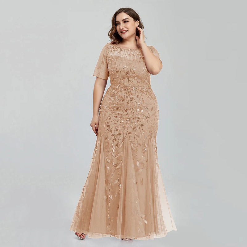 Women Plus Size Sequin Mesh Embroidery Mermaid  Evening Dress Formal Short Sleeve Elegant Party Prom Gowns 2020 New Long Dress