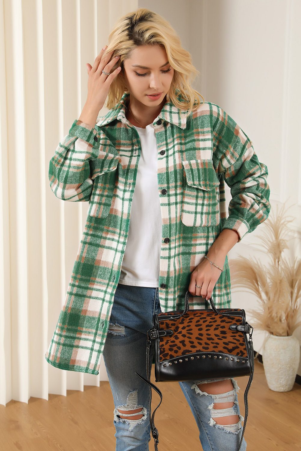 Green Plaid Flap Pocket Long Sleeve Shacket