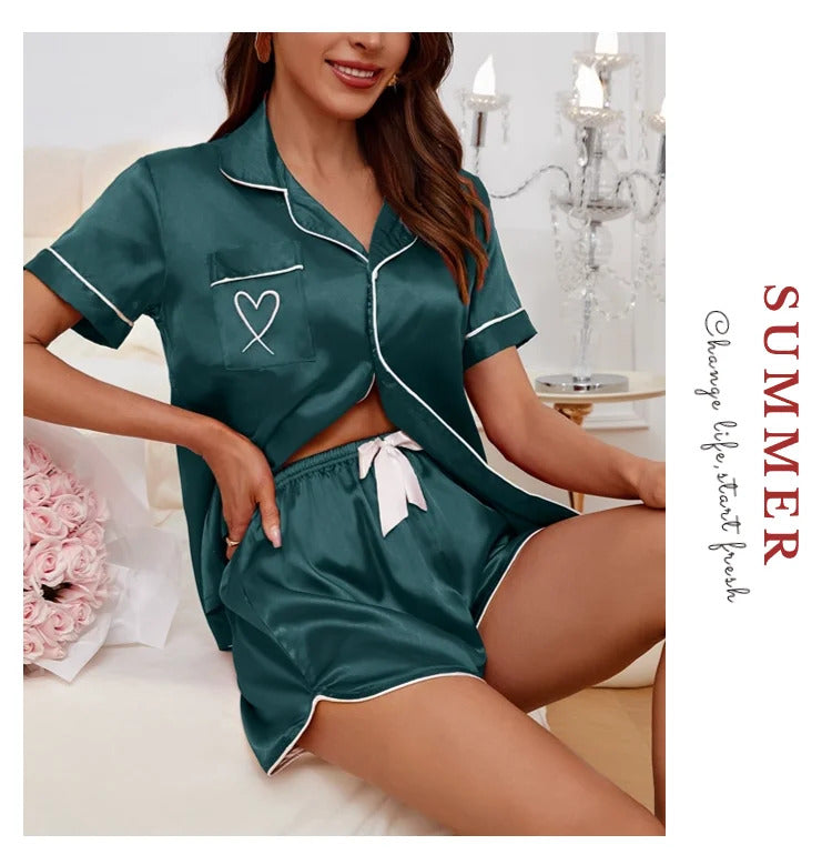 Women's Pajamas Lounge Set Heart Embroidered Pocket Patched Sleepwear Button Down Short Sleeve Top & Shorts Pyjama Home Clothing