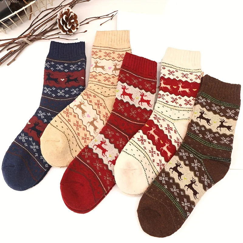 5 Pairs Elk Print Thickened Socks, Comfy & Warm Christmas Mid Tube Socks, Women's Stockings & Hosiery