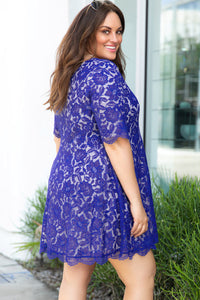 Blue Floral Lace Nude Illusion Plus Size Skater Dress