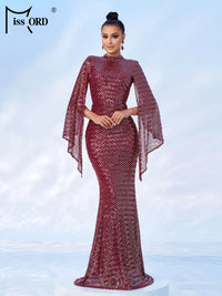 Missord Elegant Apricot Sequin Muslim Party Dress Women Split Sleeve High Neck Bodycon Dubai Evening Dresses Prom Gown