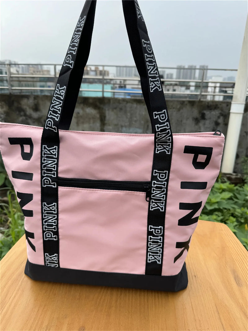 Sports Fitness Tote Bag Nylon Fabric Bags Women Handbag Pink Letter Graphic Tote Handbags Woman Shoulder Bags Casual