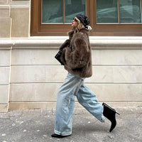 Luxury Brown Women's Fluffy Faux Fur Warm Short Coat Chic Lapel Collar Long Sleeve Furry Jacket Winter 2024 Lady High Streetwear