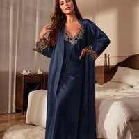 Female Long Twinset Robe Set Nightgown Spring Summer Kimono Bathrobe Gown Sexy Lace Trim Nightdress Satin Home Wear Loungewear