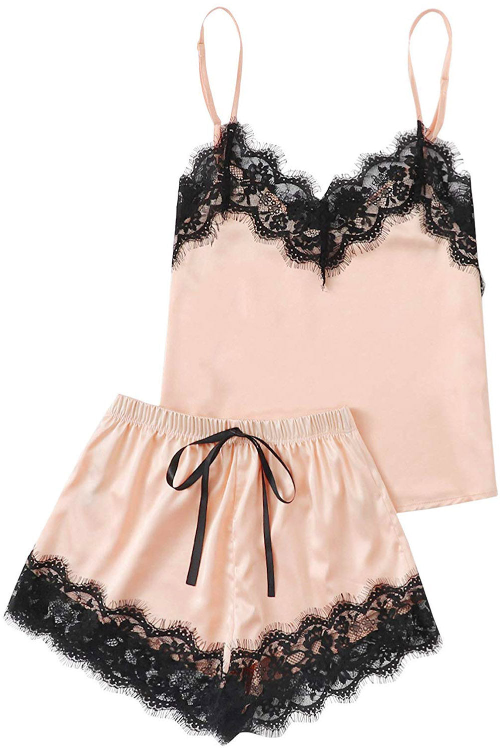 Apricot Lace Satin Sleepwear Cami Top and Shorts Pajama Set