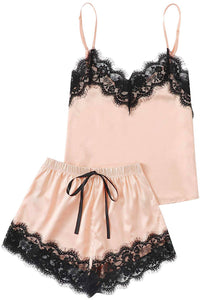 Apricot Lace Satin Sleepwear Cami Top and Shorts Pajama Set