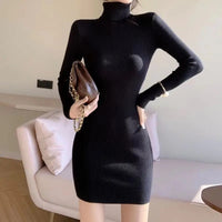 Women Autumn Winter Turtleneck Warm Bodycon Dress Long Sleeve Knit Solid Office Pullover Sexy Mini Dress for Ladies 2023