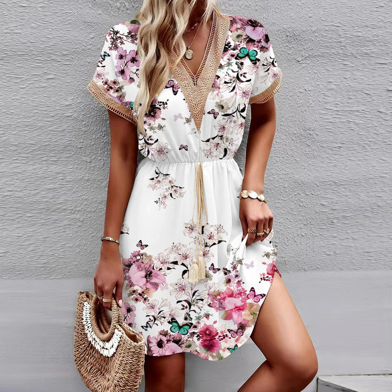 2024 New European and American Spring/Summer Printed Bat Sleeves Lace V-Neck Waist Wrap Short Sleeve Medium Length Dress