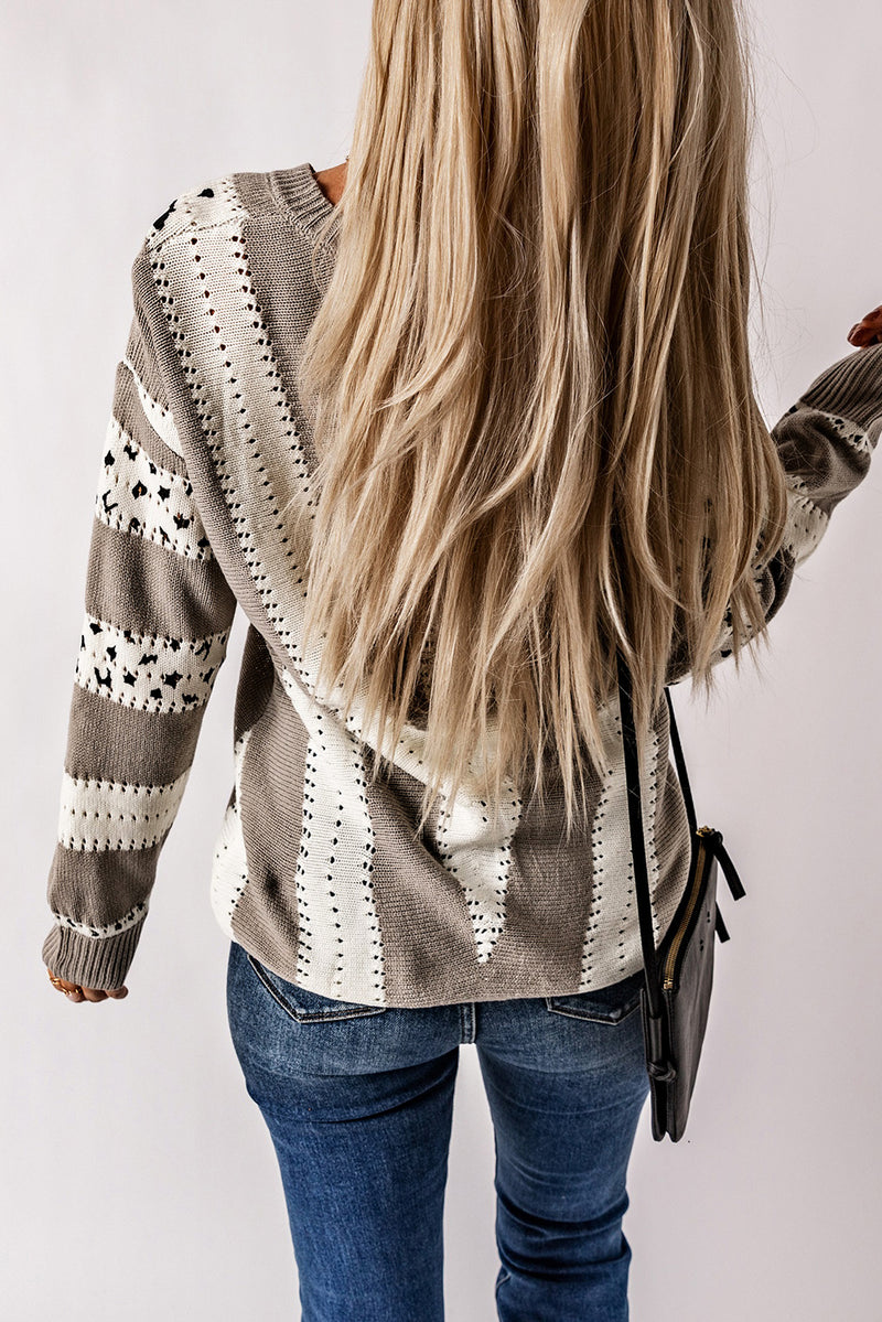 Gray Animal Print Accent V Neck Sweater