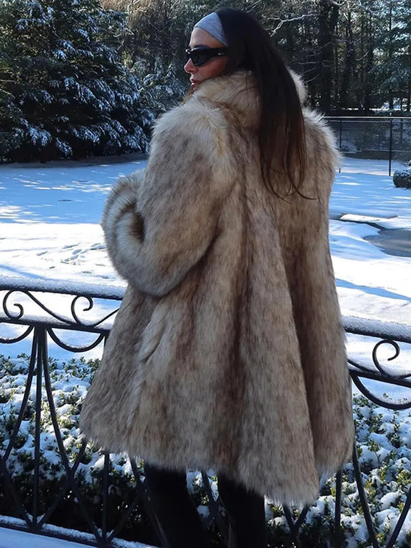 Luxury Fluffy Women Faux Fur Overcoat Fashion Lapel Long Sleeve Pockets Cardigan Jacket Winter Female Chic Thick Streetwear 2024