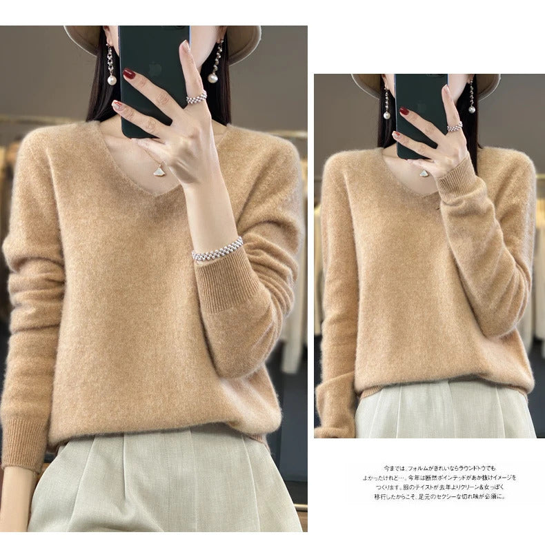 100% pure wool cashmere sweater women's V-neck pullover casual knit top autumn and winter women's coat Korean fashion