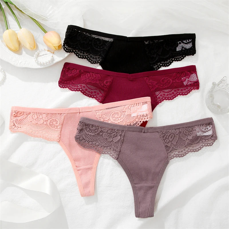 FINETOO 3Pcs Women's Cotton Underwear Lace Thongs Sexy Solid Color Low Waist Bikini Panties Ladies Breathable G-string Lingerie