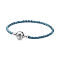 European Blue Leather Shell Clasp 925 Sterling Silver Plated Bracelet Snake Chain Bangle Heart For Women  Jewelry Accessories