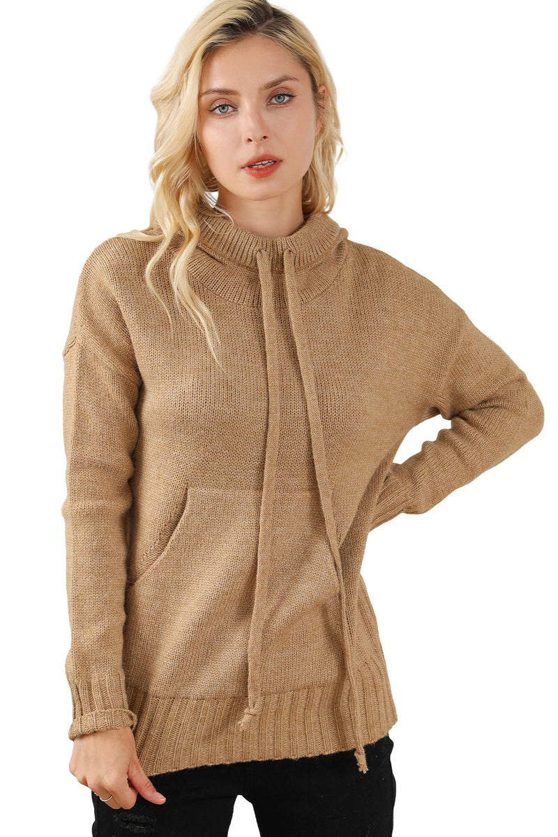 Brown Cowl Neck Drawstring Pullover Hooded Sweater