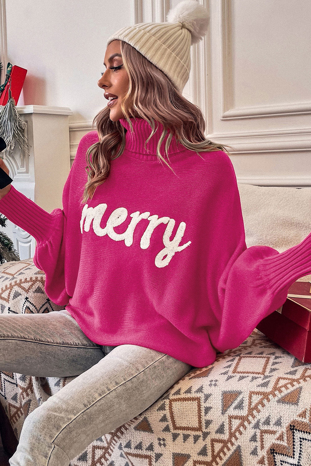 Blackish Green Merry Letter Embroidered High Neck Sweater