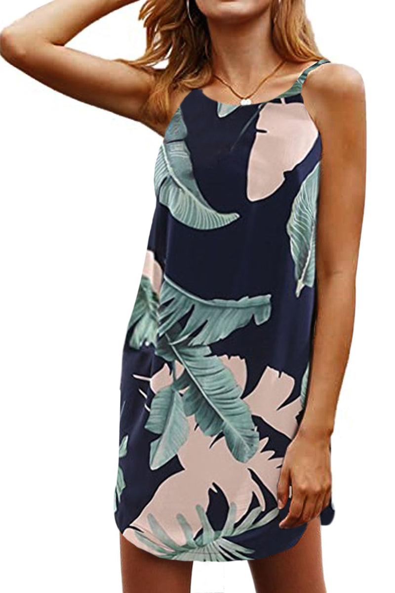 White Palm Tree Leaf Print Ivory Sleeveless Dress