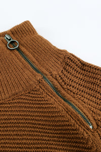 Brown Zip Knitted High Neck Sweater