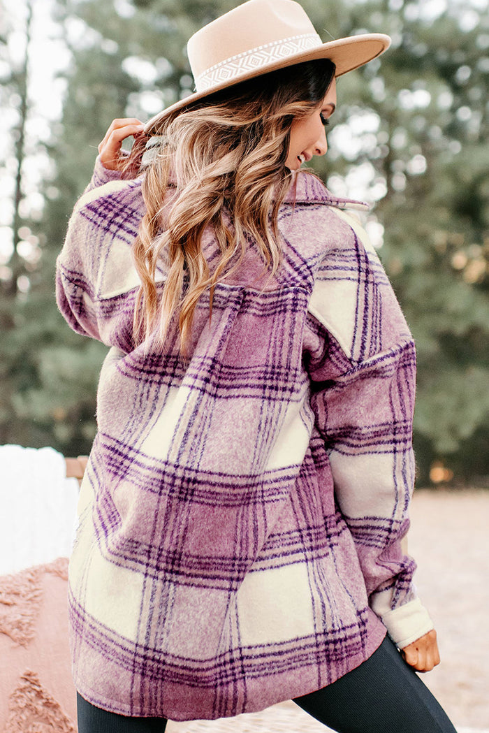 Plaid Double Chest Pockets Fleece Shacket