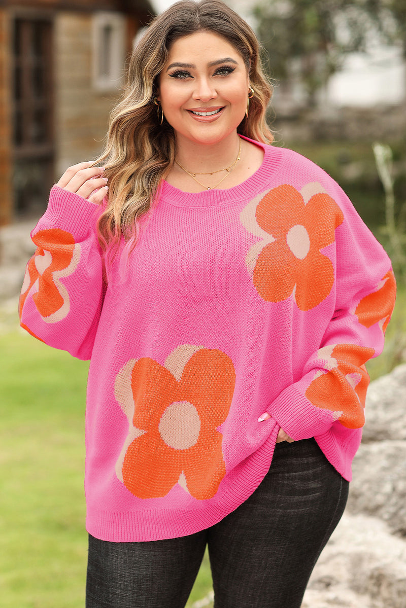 Bonbon Plus Size Flower Pattern Drop Shoulder Sweater